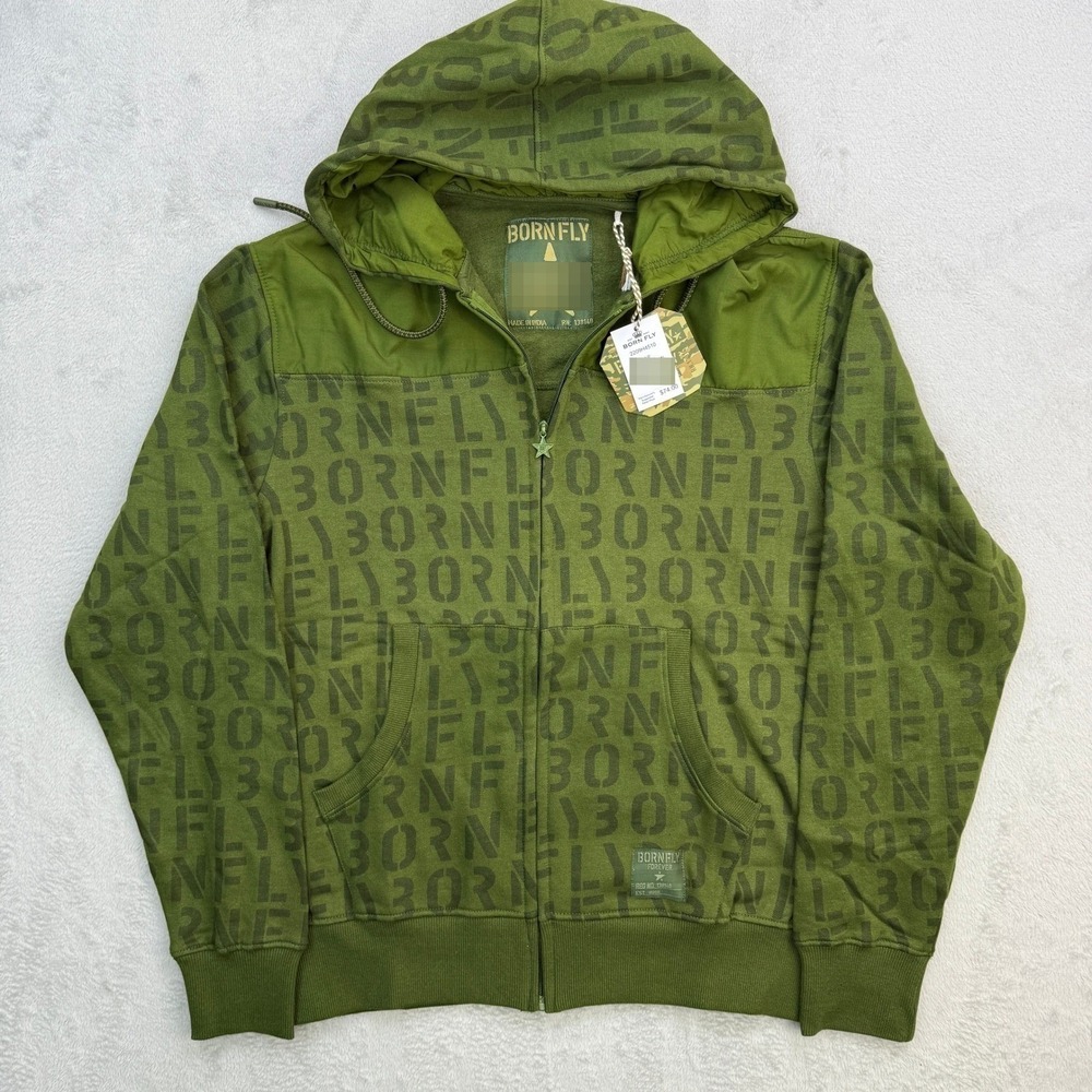 Born Fly Hoodie Mens Forever Olive Green Zip Up Graphic Streetwear XL NWT
